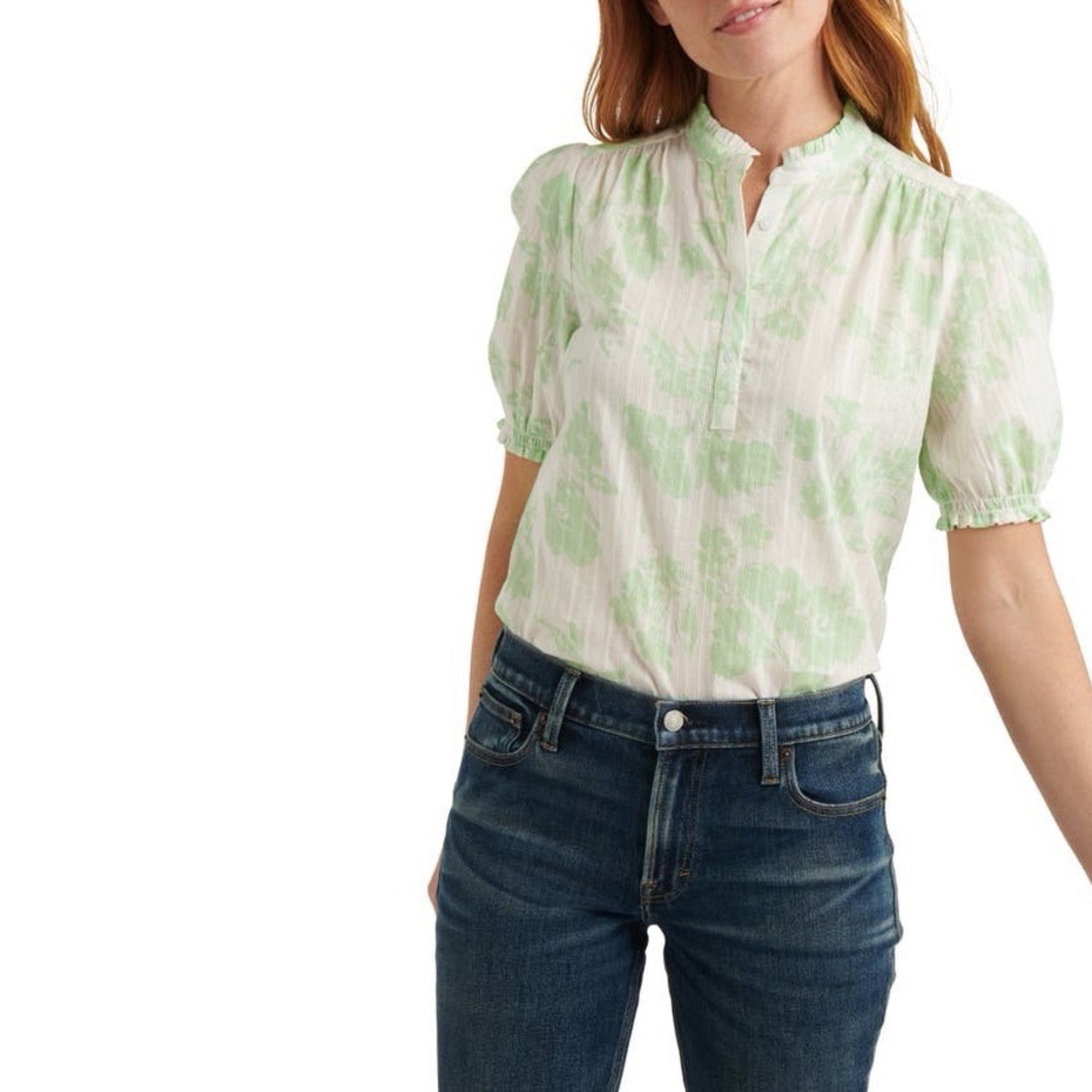 Lucky Brand Puff Sleeve Popover Blouse Green Multi Floral Size Extra Large NWT - Picture 1 of 13